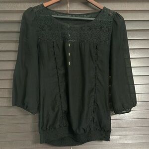 Express, sheer black, 3/4 sleeve, blouse with lace smock detailing